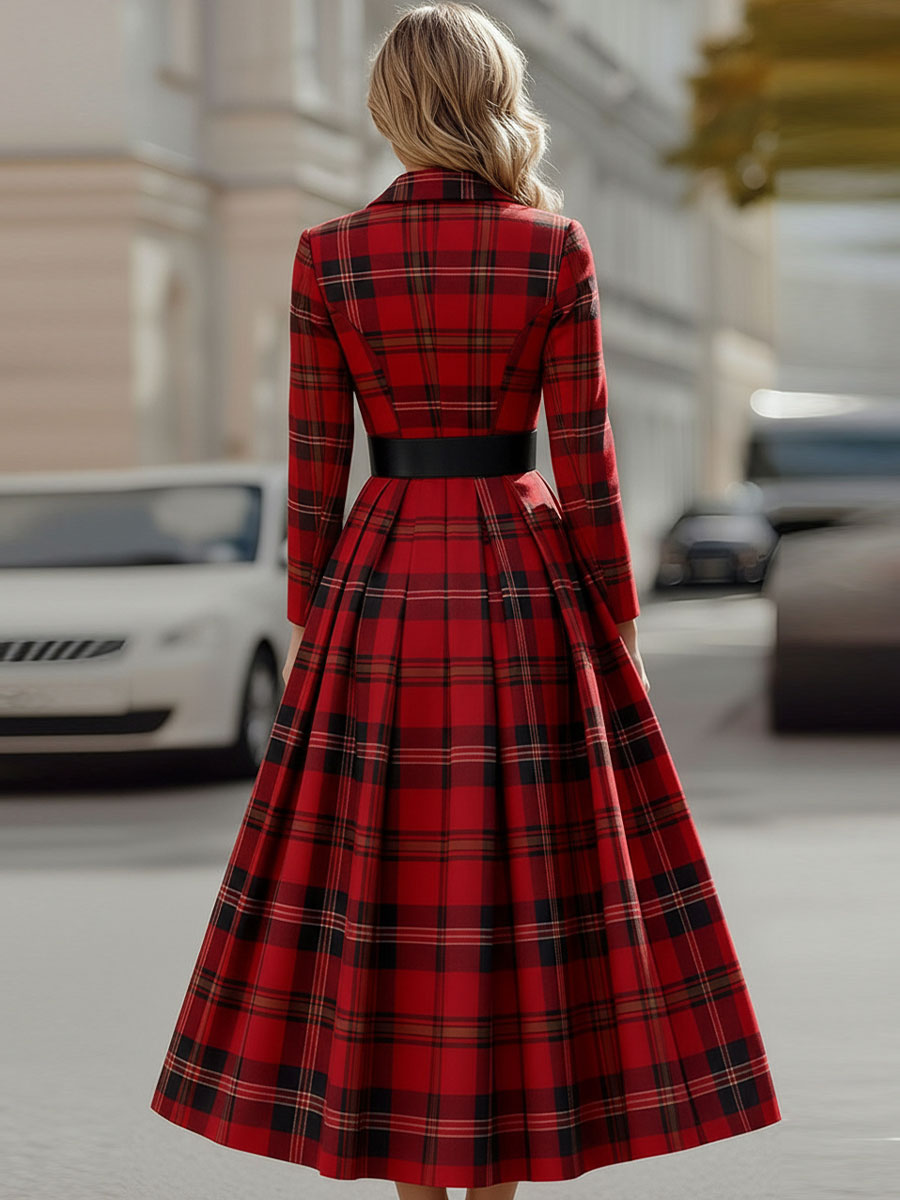CAAYWORLD Statement Red Plaid Trench Dress With Gold Buckle Belt SN