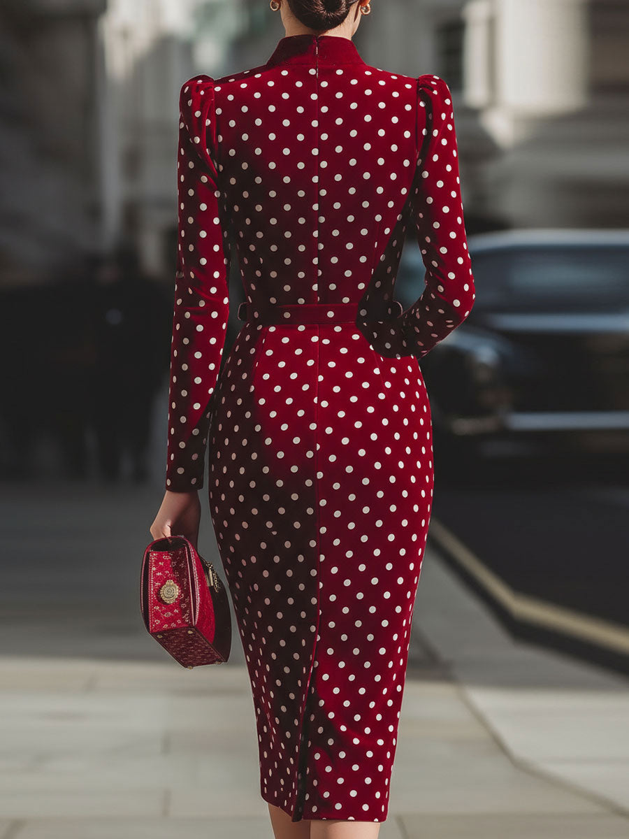 Vintage-Inspired Red Polka Dot Velvet Midi Dress SN