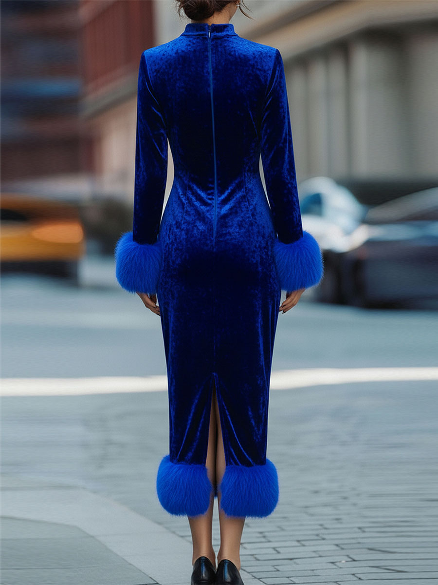Glamorous Royal Blue Velvet Dress With Feather Trims SN