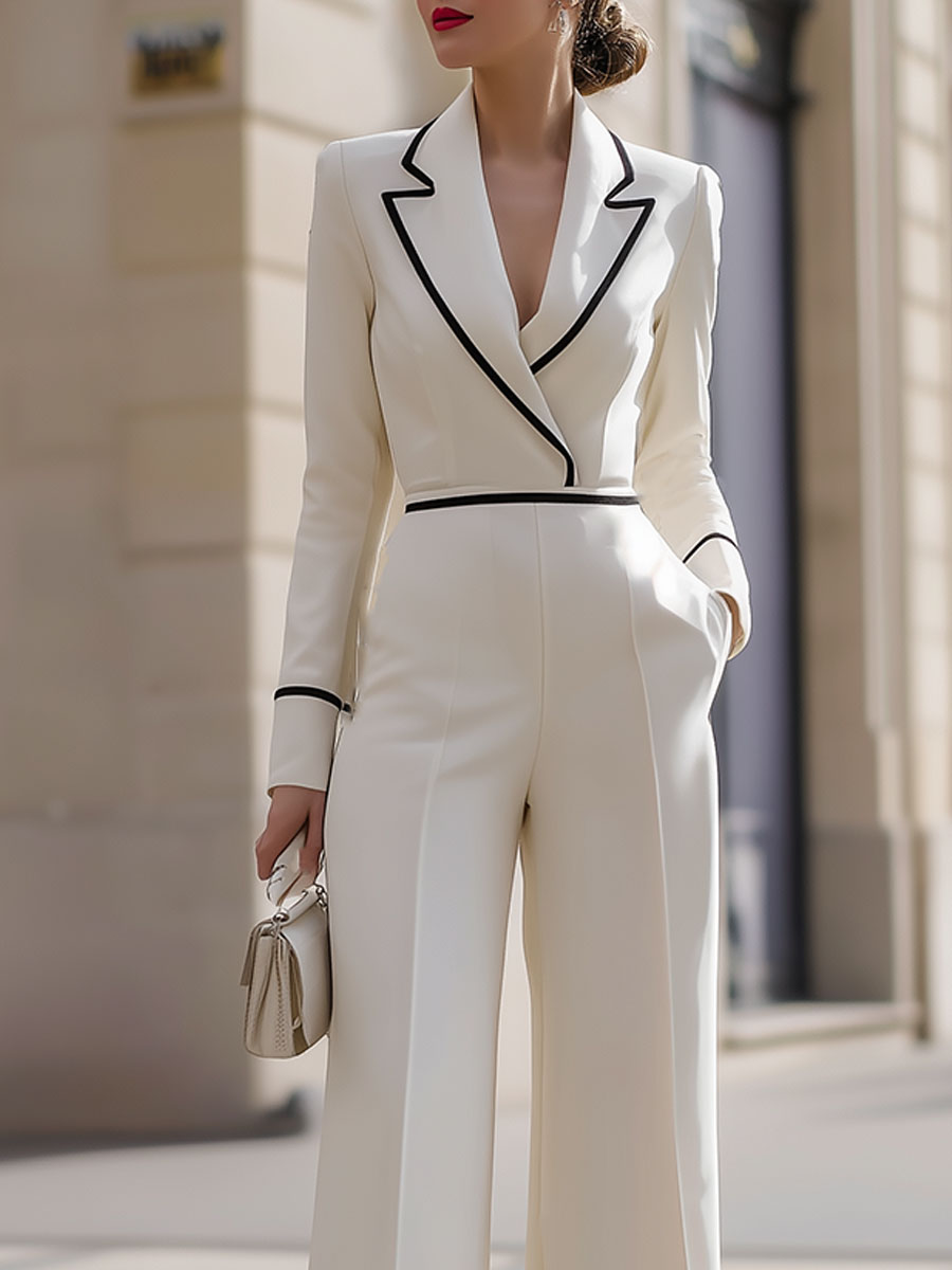 Ivory Tailored Wide-Leg Jumpsuit With Black Piping SN