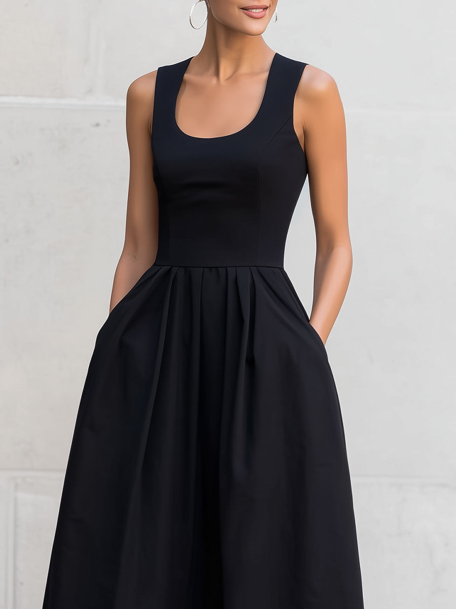 Black Sleeveless Square-Neck Midi Dress SN
