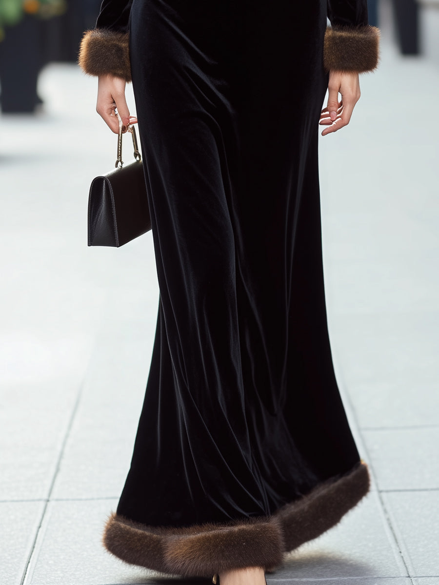 Luxurious Black Velvet Gown With Faux Fur Trim SN