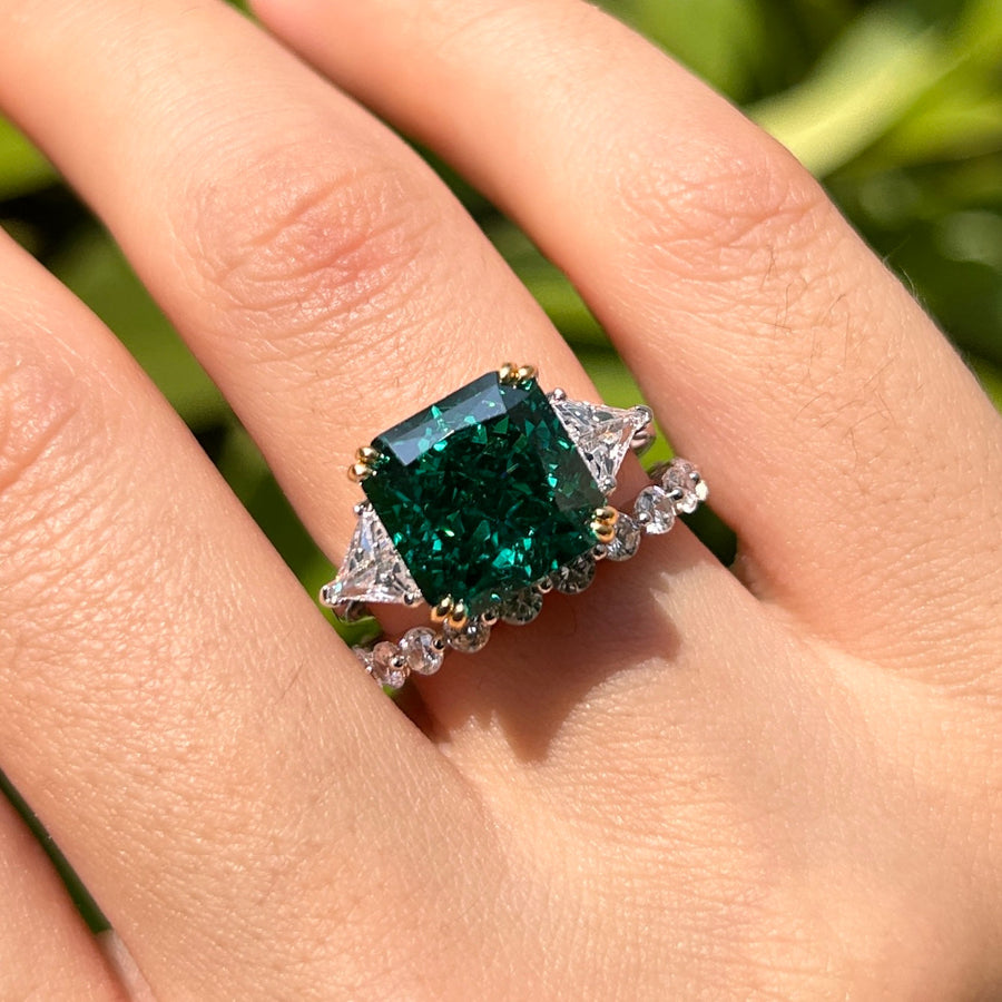 Vintage Emerald Green Radiant Cut Sterling Silver Bridal Set Carly Jewelry