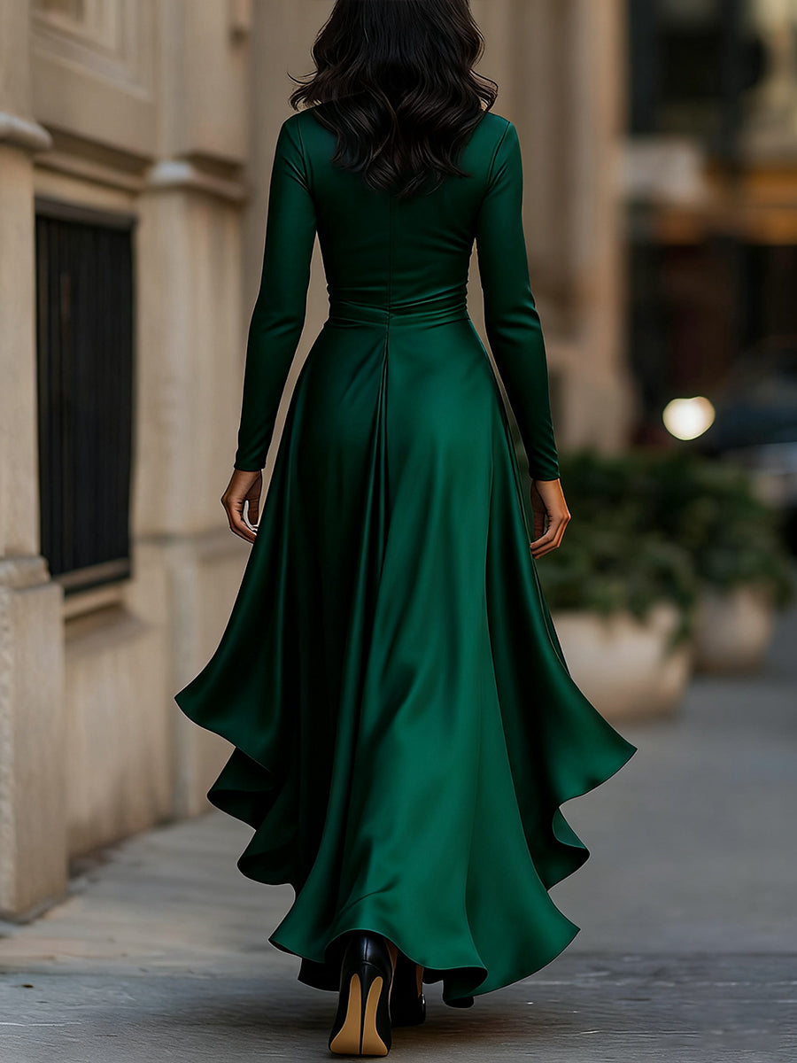 Midnight Blue Draped Satin Maxi Dress With Ruffle Details ZJ