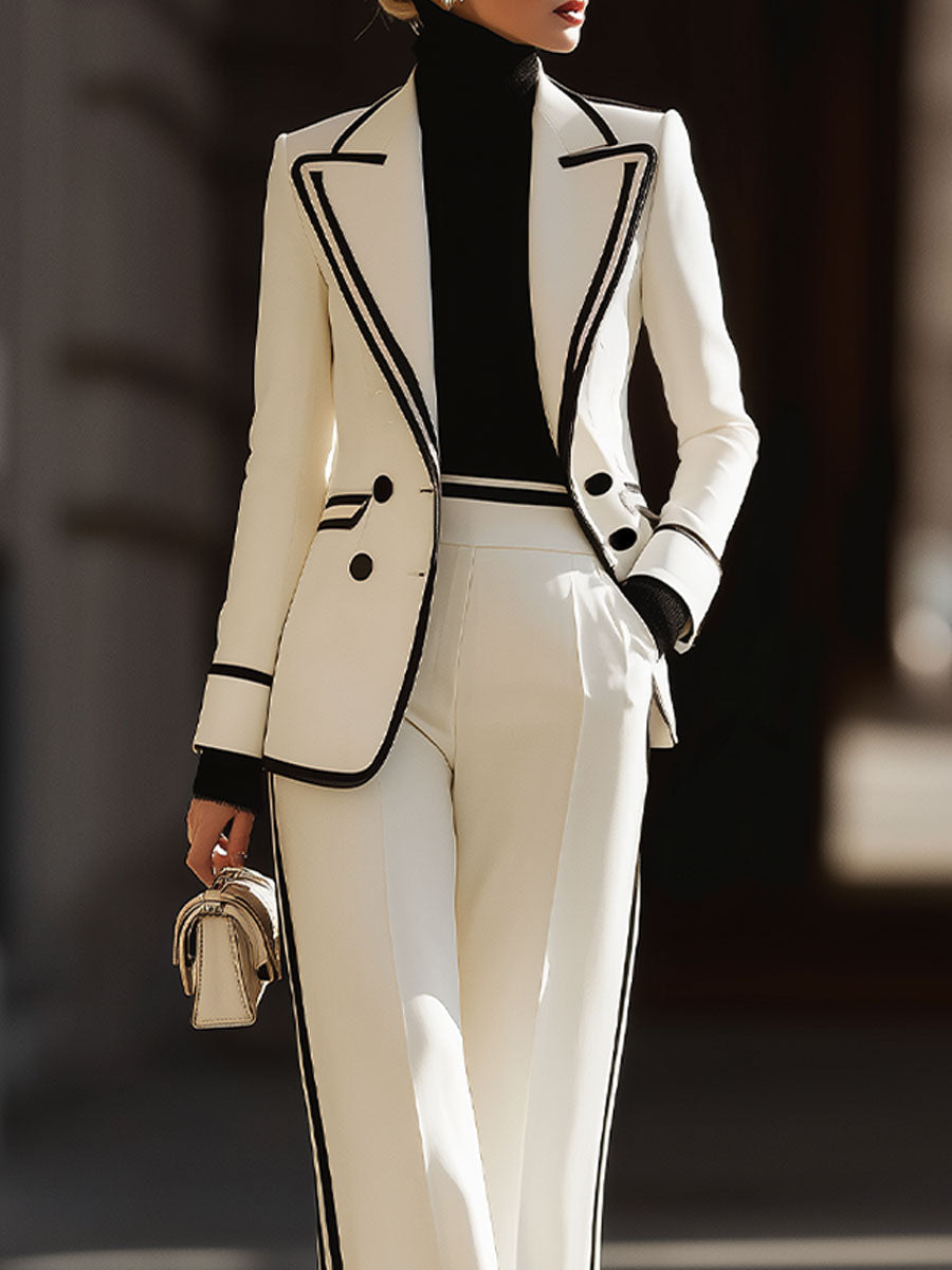 White Contrast - Trim Double - Breasted Suit Set SN