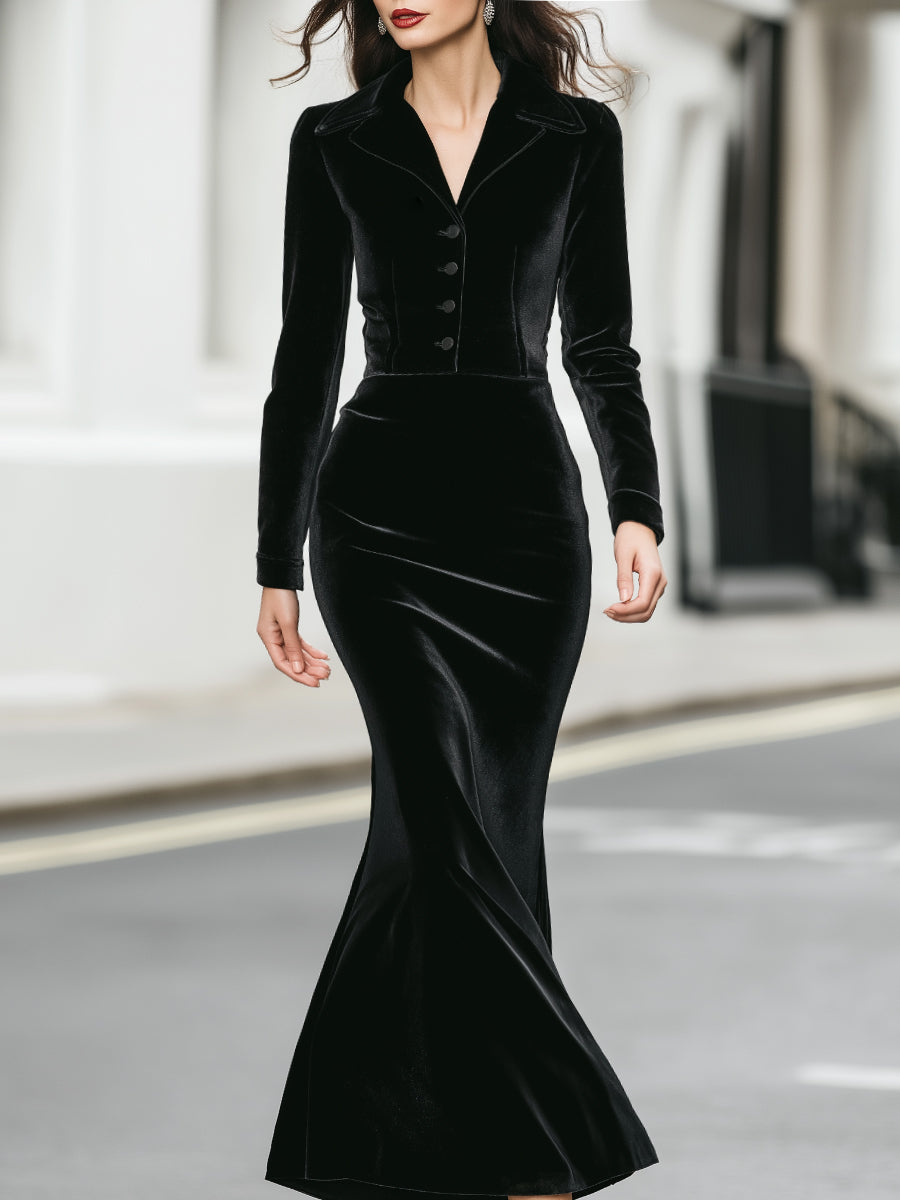 Velvet Long-Sleeve Buttoned Mermaid Dress MLZ