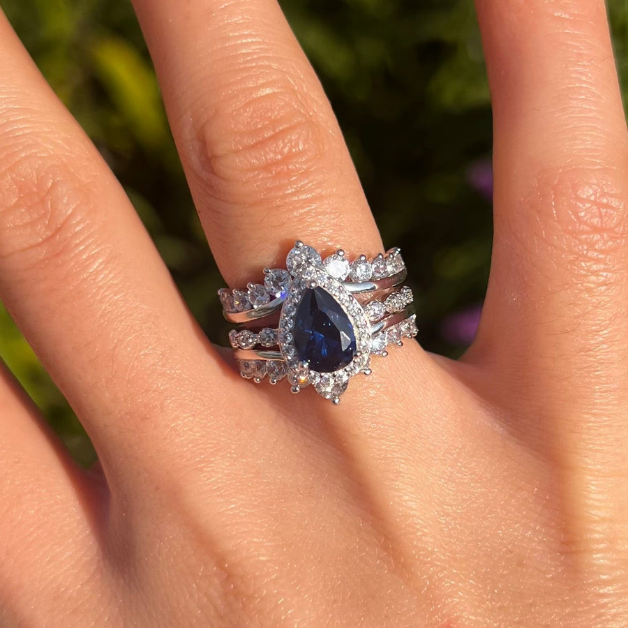 Retro 2 Pcs Blue Pear Cut Halo Design With Insert Band Bridal Set Shine of Diamond