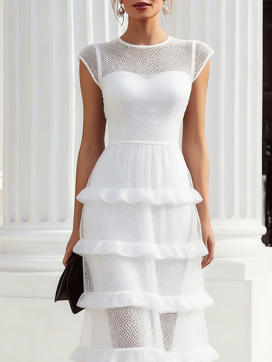 Sheer Mesh Tiered Ruffle Maxi Evening Dress MLZ