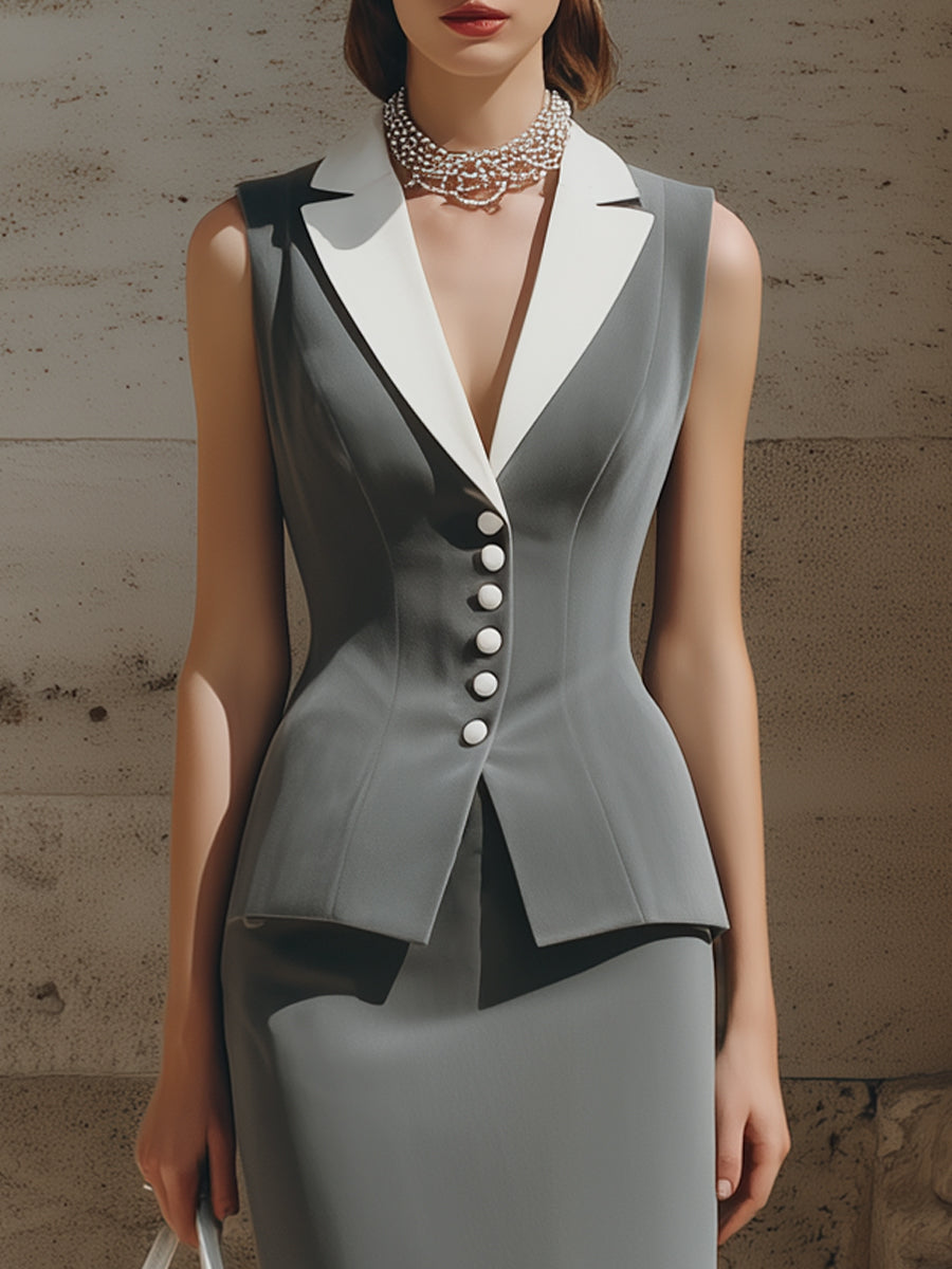 Sophisticated Contrast-Collar Sleeveless Blazer & Pencil Skirt Set ZJ