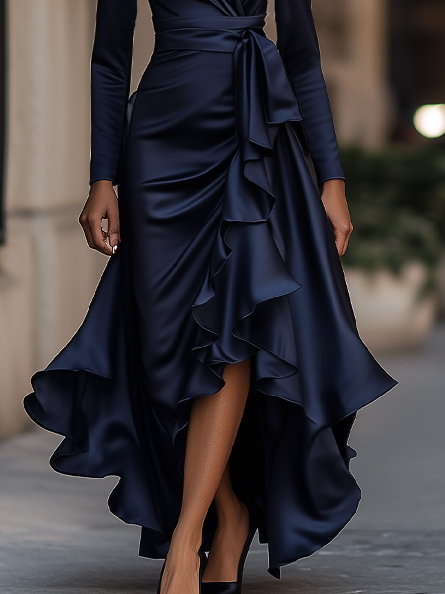 Midnight Blue Draped Satin Maxi Dress With Ruffle Details ZJ