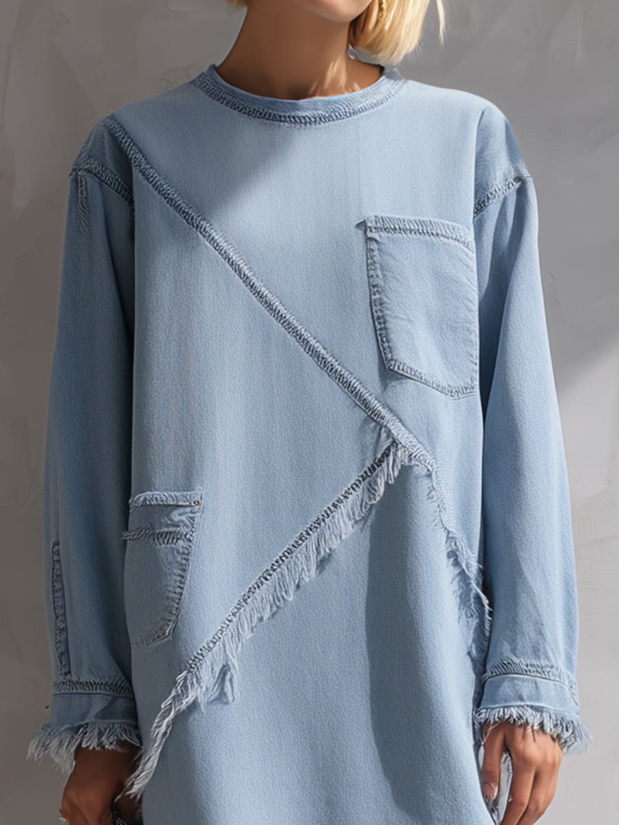 Light Blue Raw-Edge Denim Mini Dress ZJ