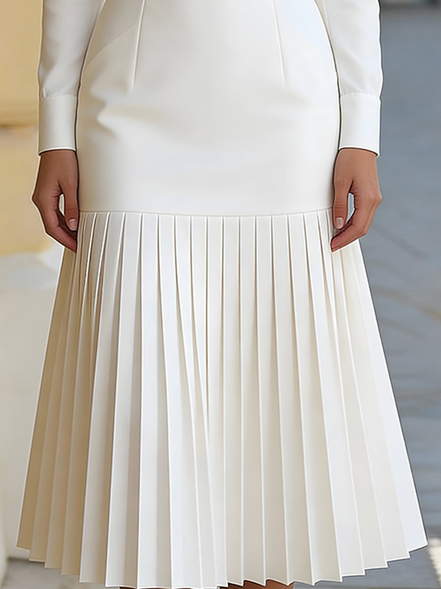 High-Neck Belted Long-Sleeve Pleated Midi Dress ZJ