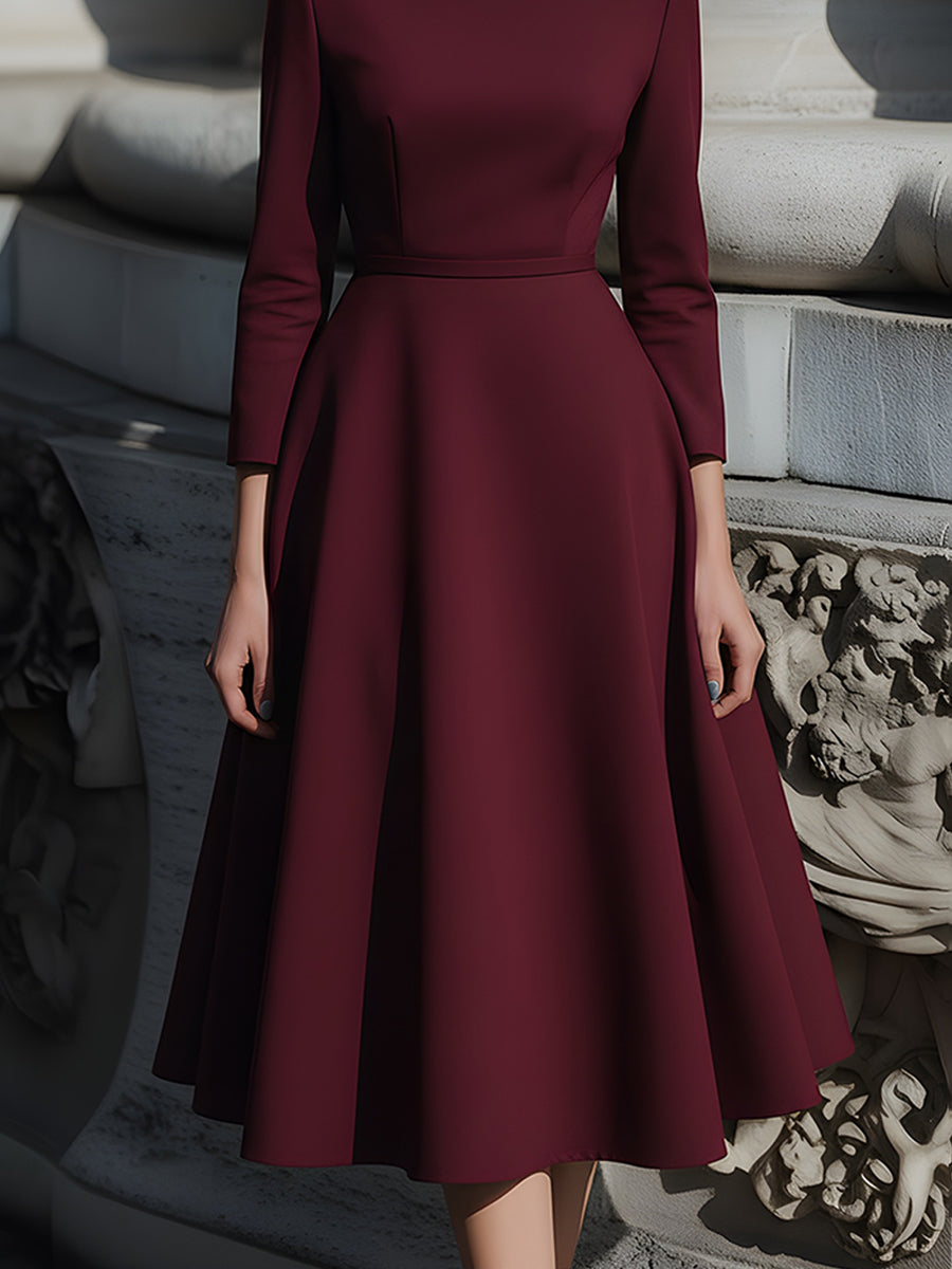 Structured Boat-Neck Burgundy Midi Dress XYS
