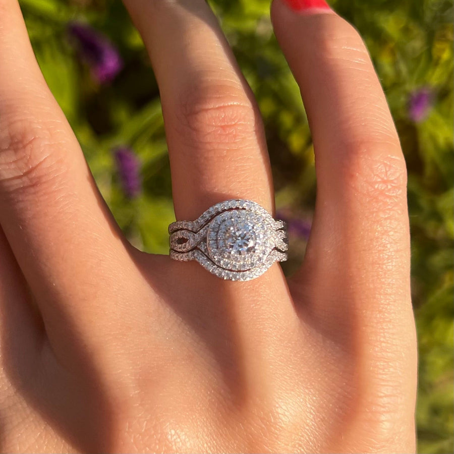 Gorgeous 3 Pcs Round Cut Halo Sterling Silver Bridal Set Shine of Diamond