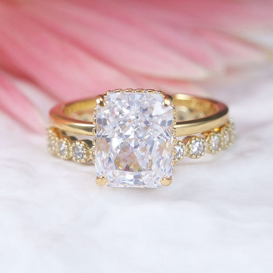 2 Pcs Radiant Cut With Hidden Halo Design Sterling Silver Ring Set Shine of Diamond