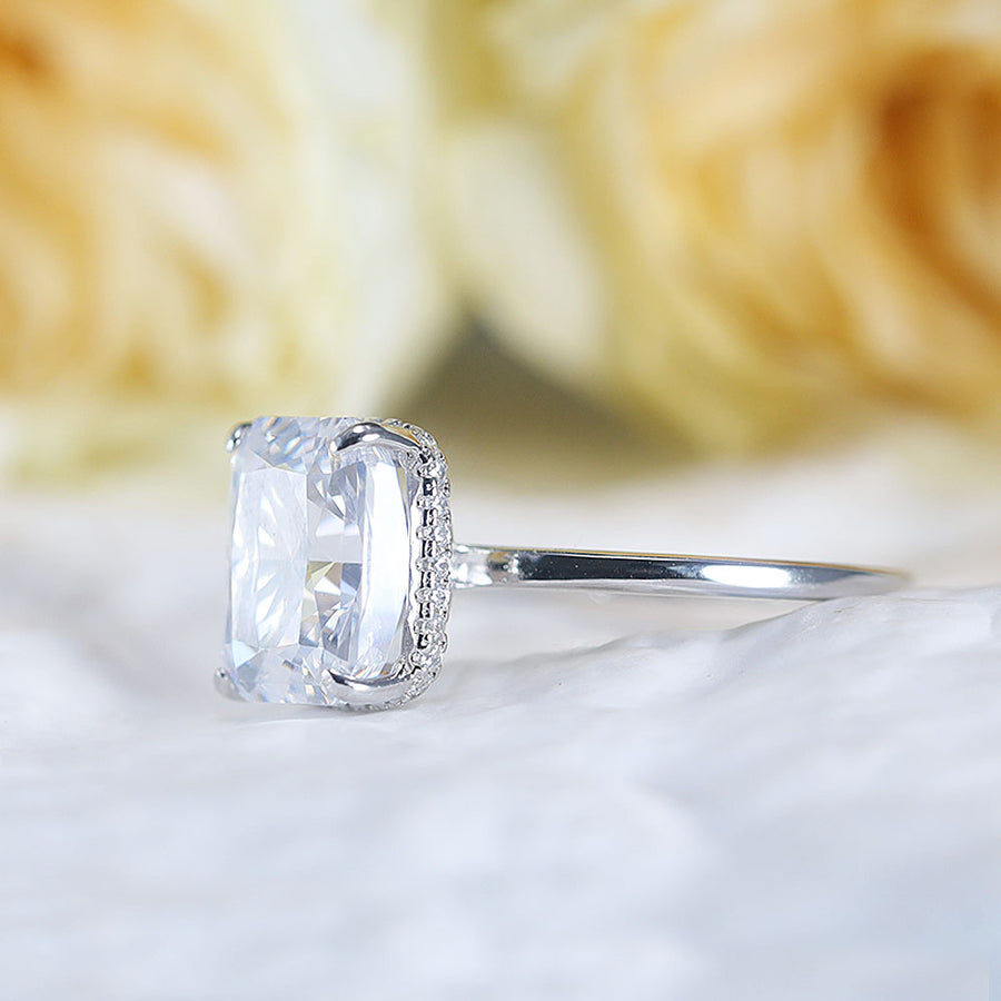 Stunning Hidden Halo Design Radiant Cut Sterling Silver Engagement Ring Shine of Diamond
