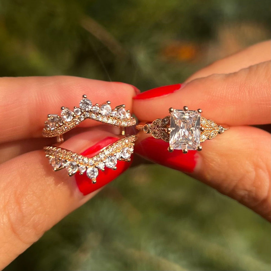 2 Pcs Radiant Cut Enhancer Rose Golden Tone Wedding Bridal Set shine