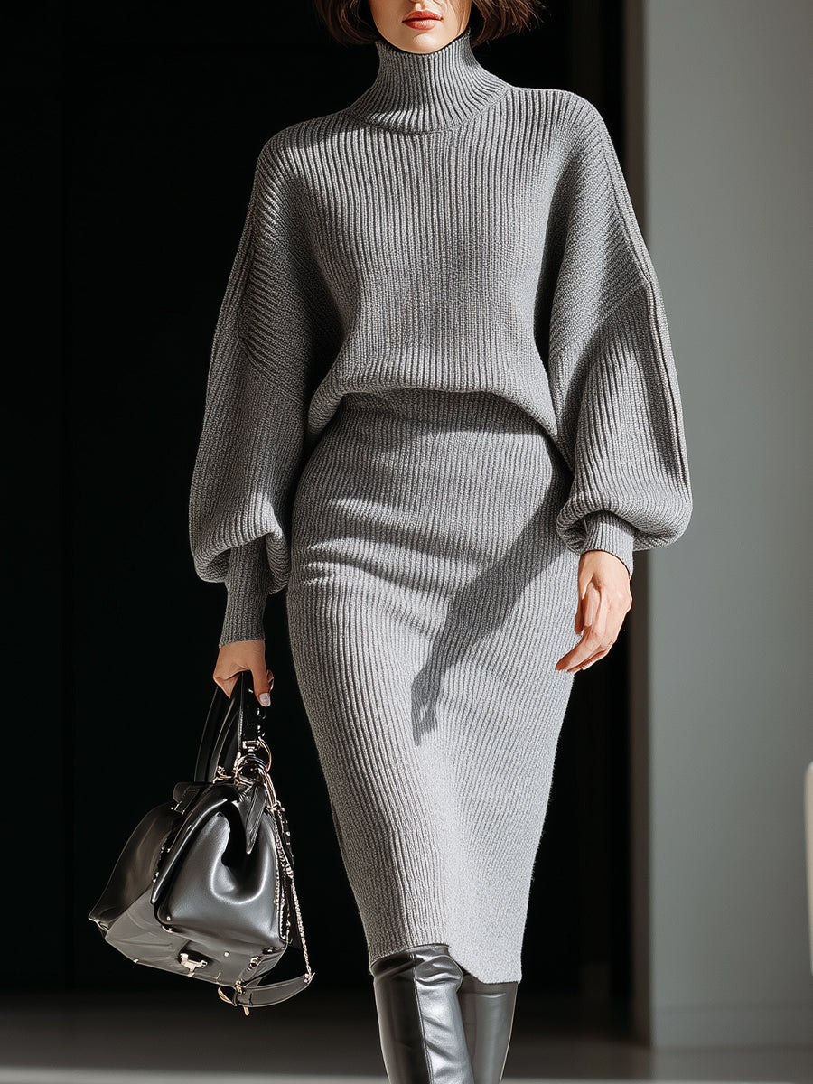 Gray Ribbed Turtleneck Batwing Sweater Dress XYS