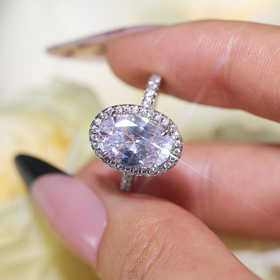 Stunning Oval Cut Halo Design Sterling Silver Engagement Ring Shine of Diamond