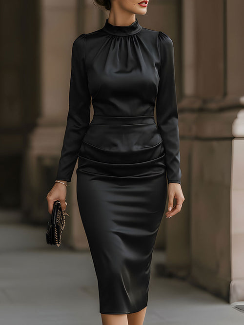 Satin Gathered-Neck Ruched-Waist Pencil Dress SN
