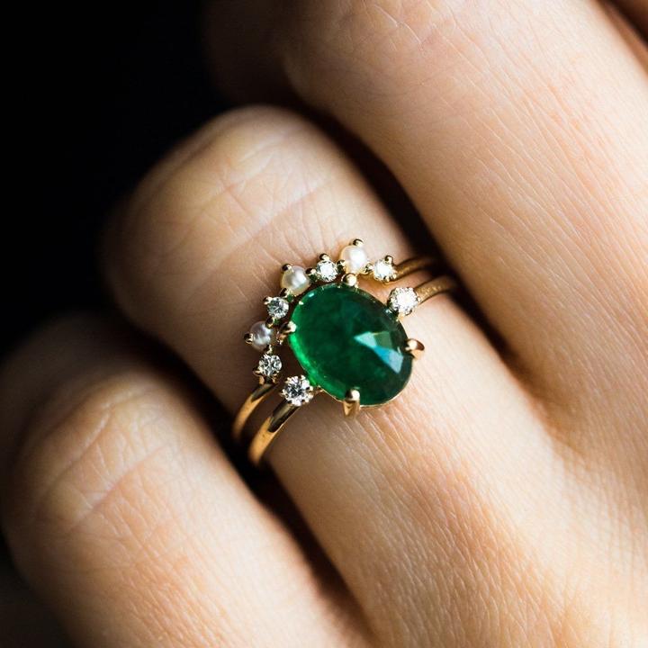 Vintage Oval Cut Emerald Green 2pcs Wedding Bridal Set Shineofdiamond