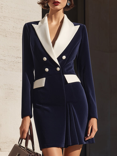 Navy Contrast-Lapel Tailored Double-Breasted Blazer Dress ZJ