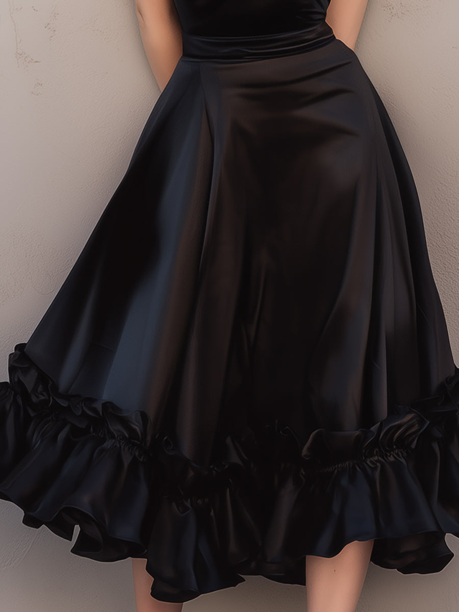 Satin Ruffled Midi Dress With Spaghetti Straps ZJ