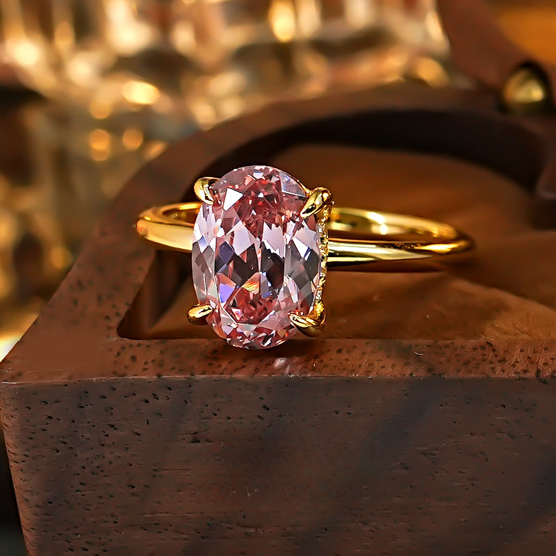 Classic Pink Tourmaline Oval Cut Golden Tone Ring Shine of Diamond