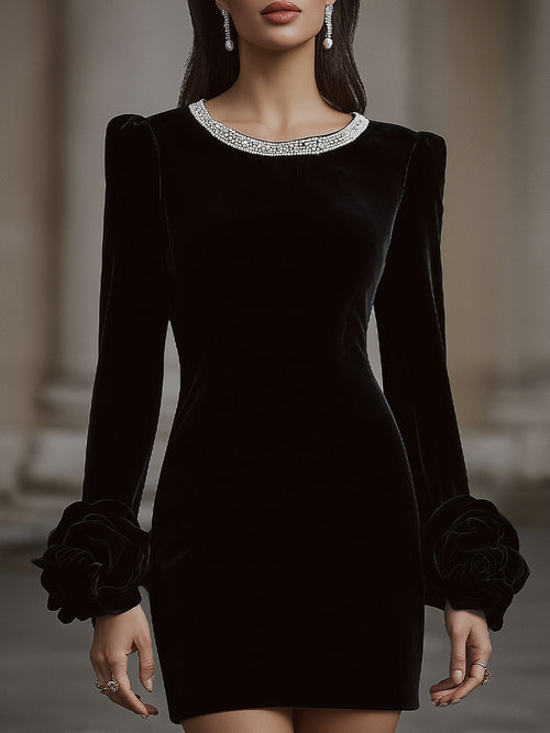 Elegant Velvet Mini Dress With Embellished Neckline And Floral Cuff Detail HWT