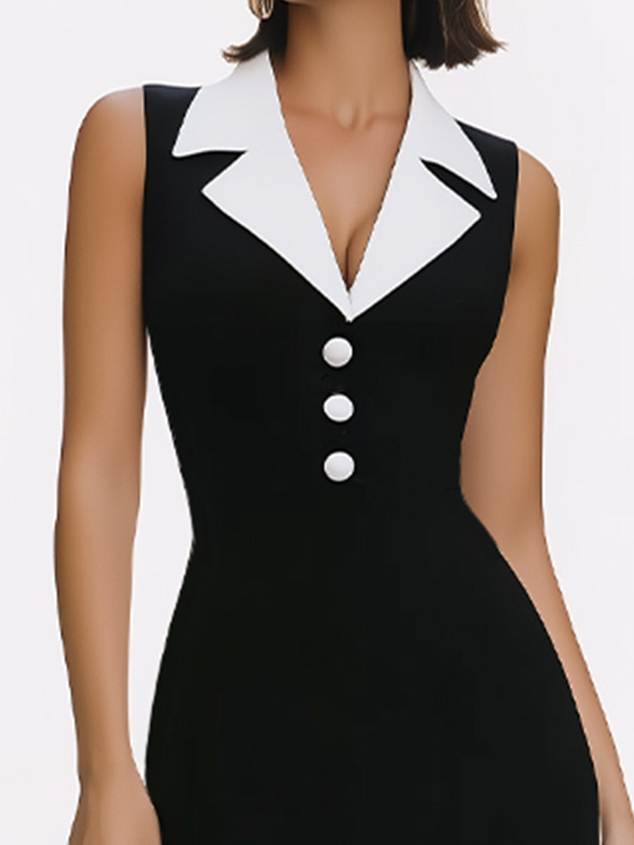 Elegant Contrast Collar Sleeveless Maxi Pencil Dress HWT