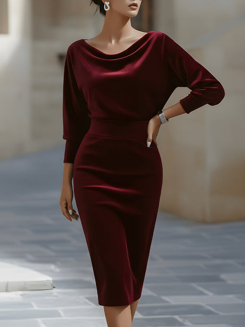 Draped Boat-Neck Velvet Pencil Dress XYS