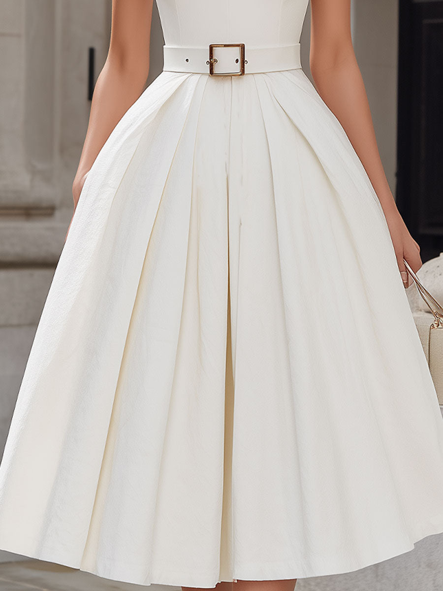 Ivory Halter Neck Pleated Midi Dress SN