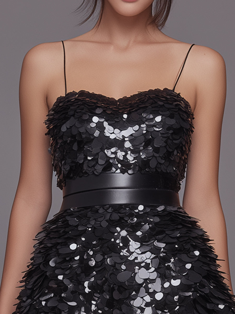 Layered Petal-Sequin Spaghetti-Strap Mini Dress ZJ