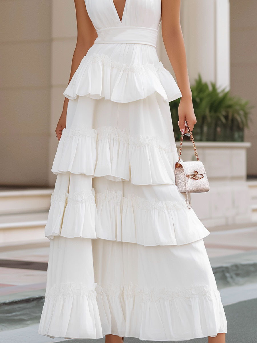 Enchanting Ivory Tiered Halter Maxi Dress SN