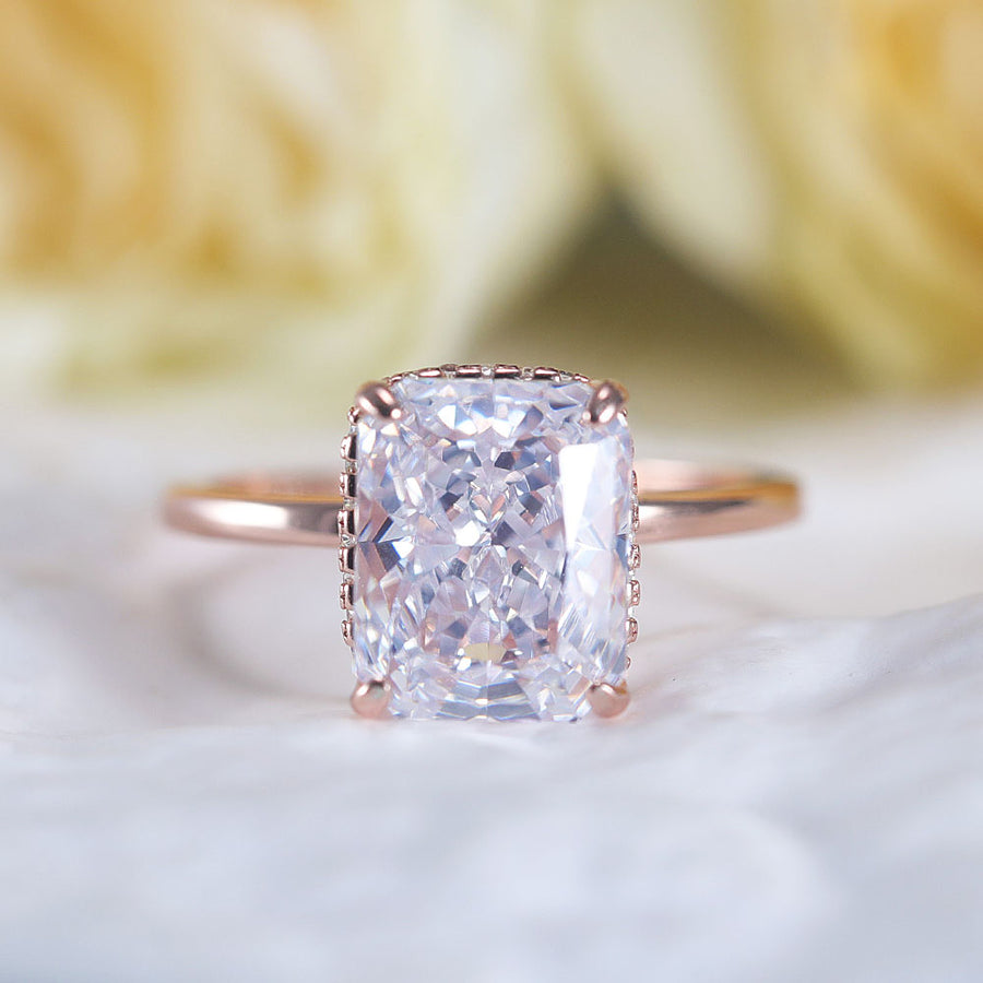 Stunning Hidden Halo Design Radiant Cut Sterling Silver Engagement Ring Shine of Diamond