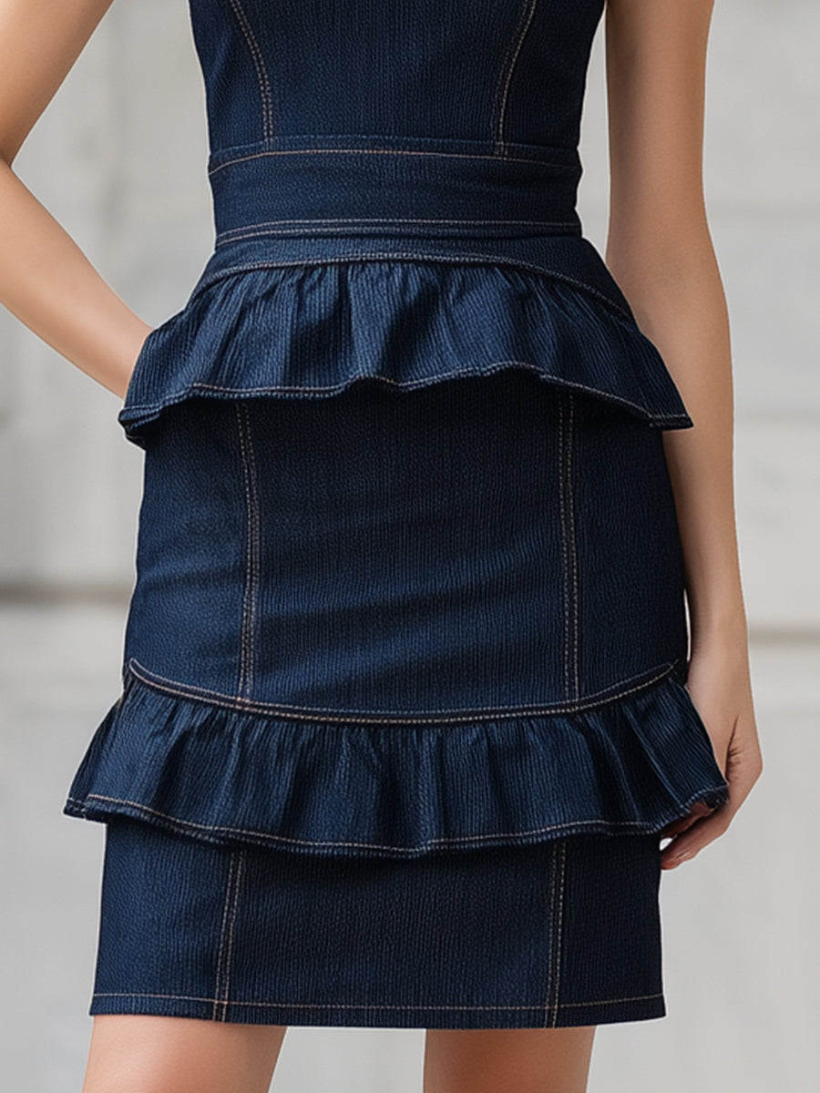 Structured Denim Ruffle Peplum Dress ZJ