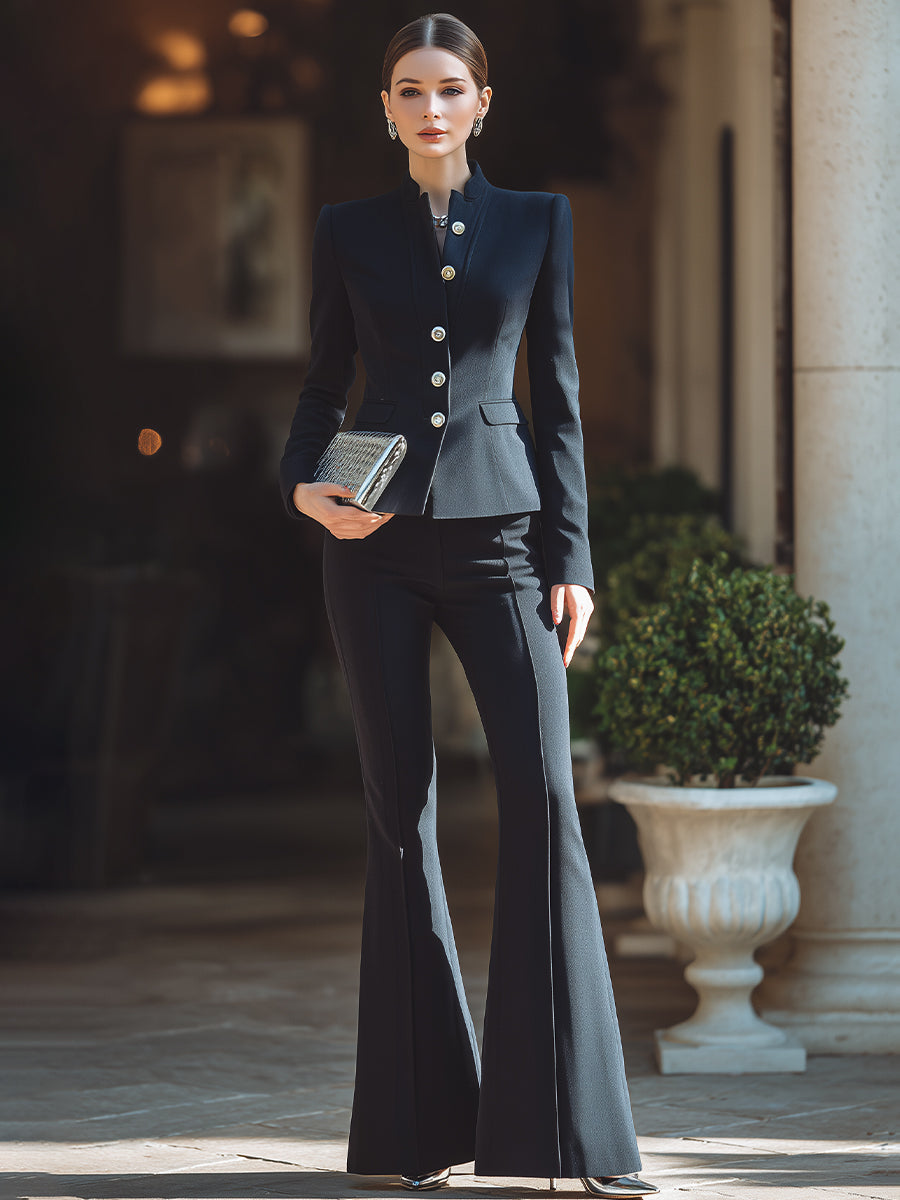 Mandarin-Collar Tailored Blazer Set With Flared Pants XYS