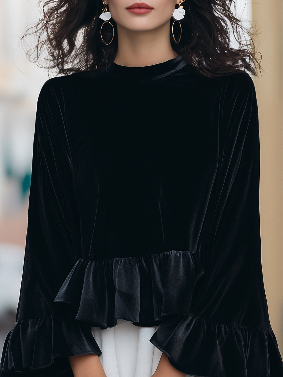 Round Neck Velvet Ruffle-Trim Blouse MLZ