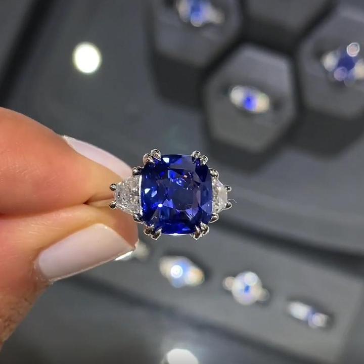 Cushion Cut Sapphire Blue Three-Stone Engagement Ring Shineofidamond