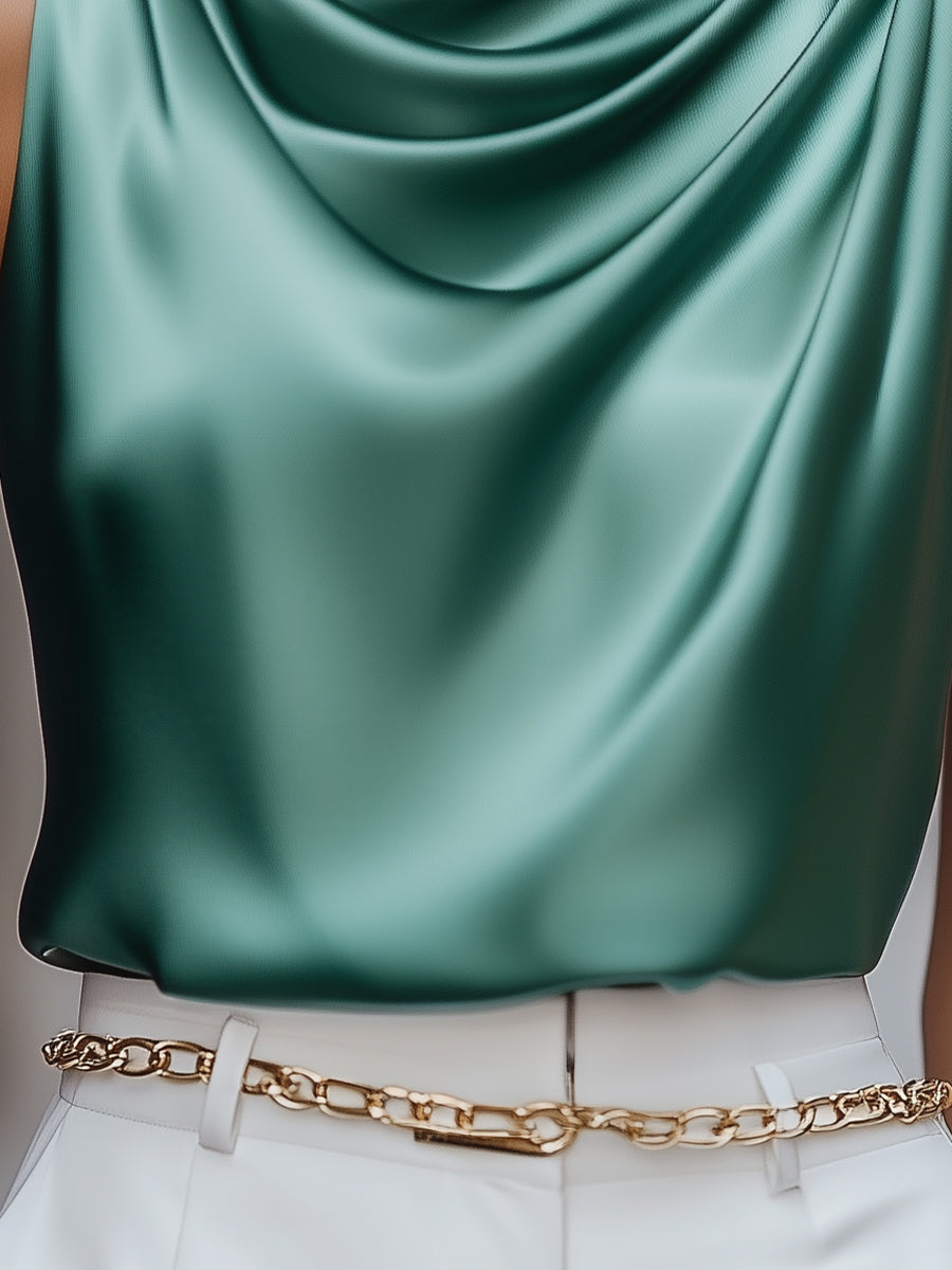 Teal Satin Drape Neck Blouse HWT