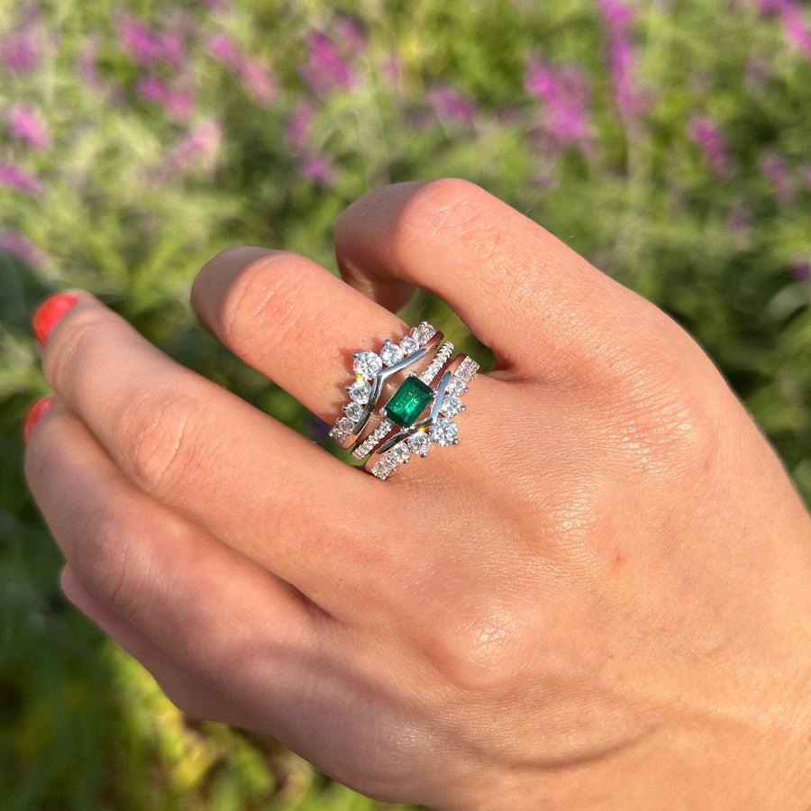 2 Pcs Green Emerald Cut Insert Bridal Sets In Sterling Silver Shine of Diamond