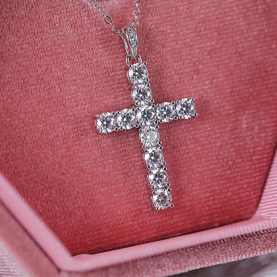 Classic Cross Design Sterling Silver Moissanite Pendant Necklace Shine of Diamond