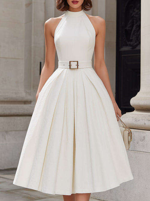 Ivory Halter Neck Pleated Midi Dress SN