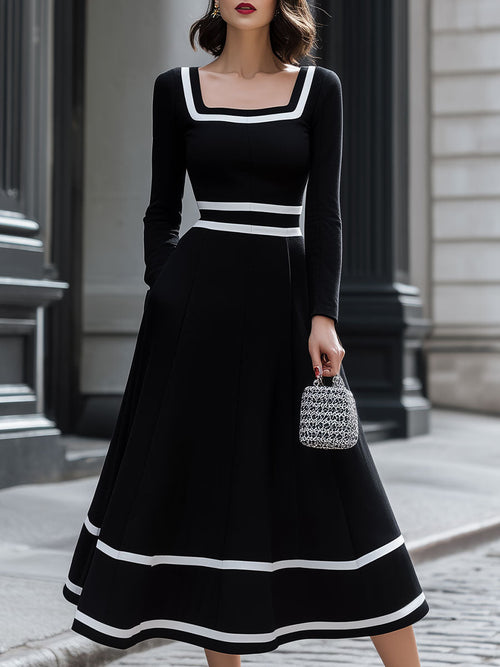 CAAYWORLD Retro Black & White Contrast Square Neck Midi Dress SN