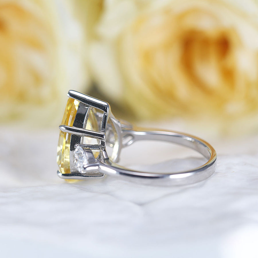 Classic Three Stone Yellow Pear Cut Sterling Silver Engagement Ring Shine of Diamond