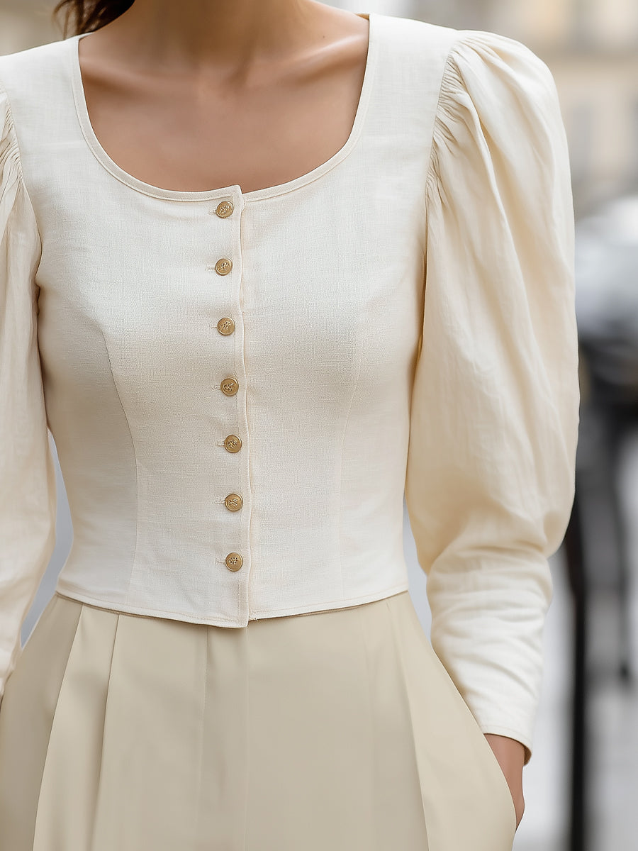 Romantic Puff-Sleeve Square-Neck Buttoned Blouse MLZ