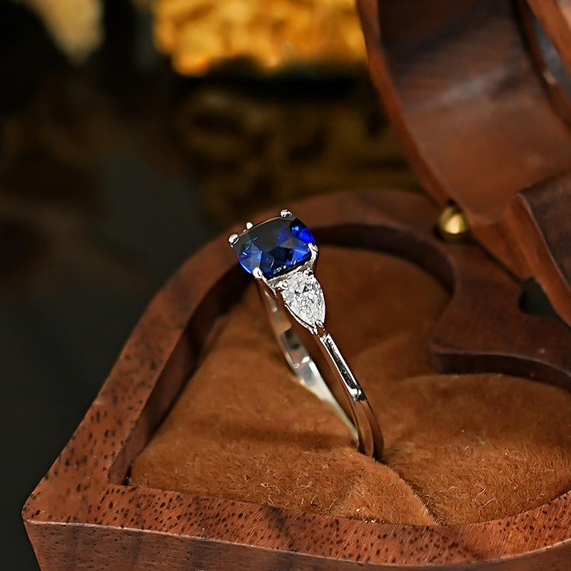Three Stone Blue Cushion Cut Sterling Silver Ring Carly Jewelry