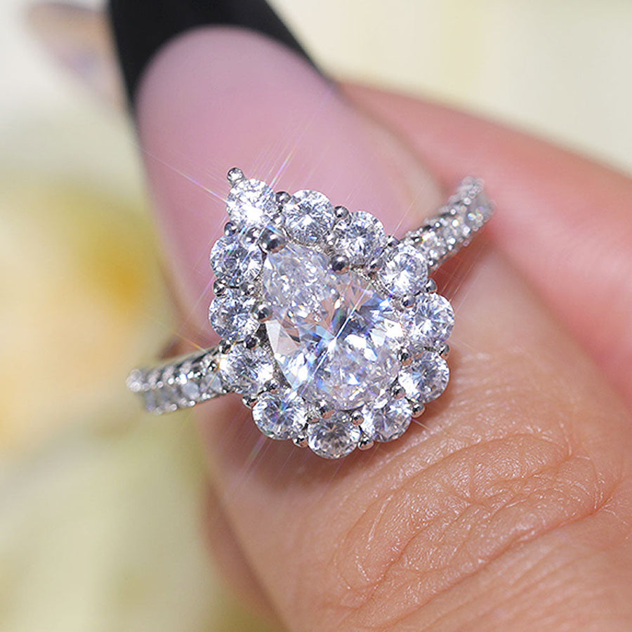 Stunning Pear Cut Halo Design Sterling Silver Engagement Ring Shine of Diamond