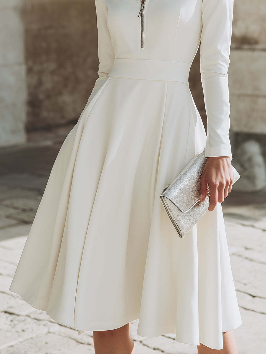 Zip-Front Long Sleeve Fit-and-Flare Midi Dress XYS