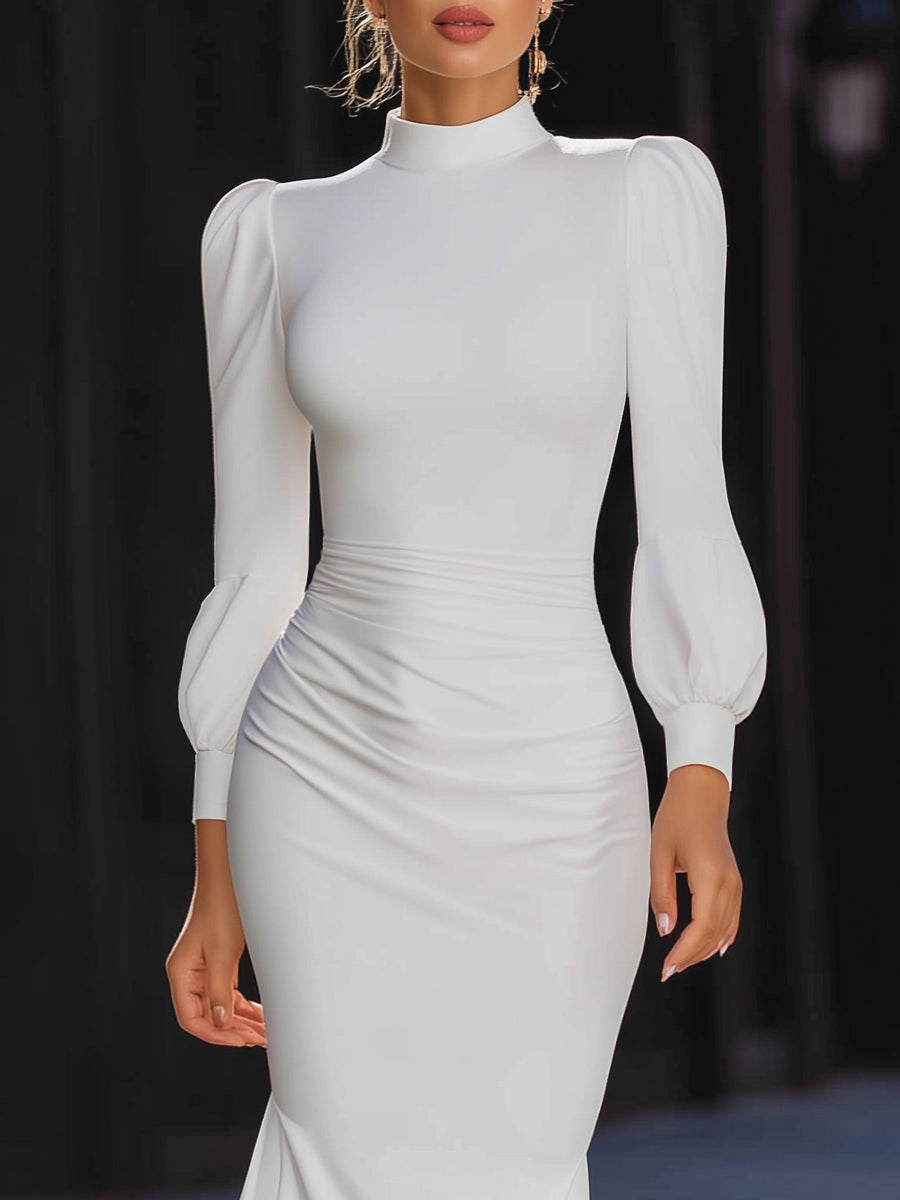 High-Neck Puff Sleeve Ruched Midi Dress MLZ